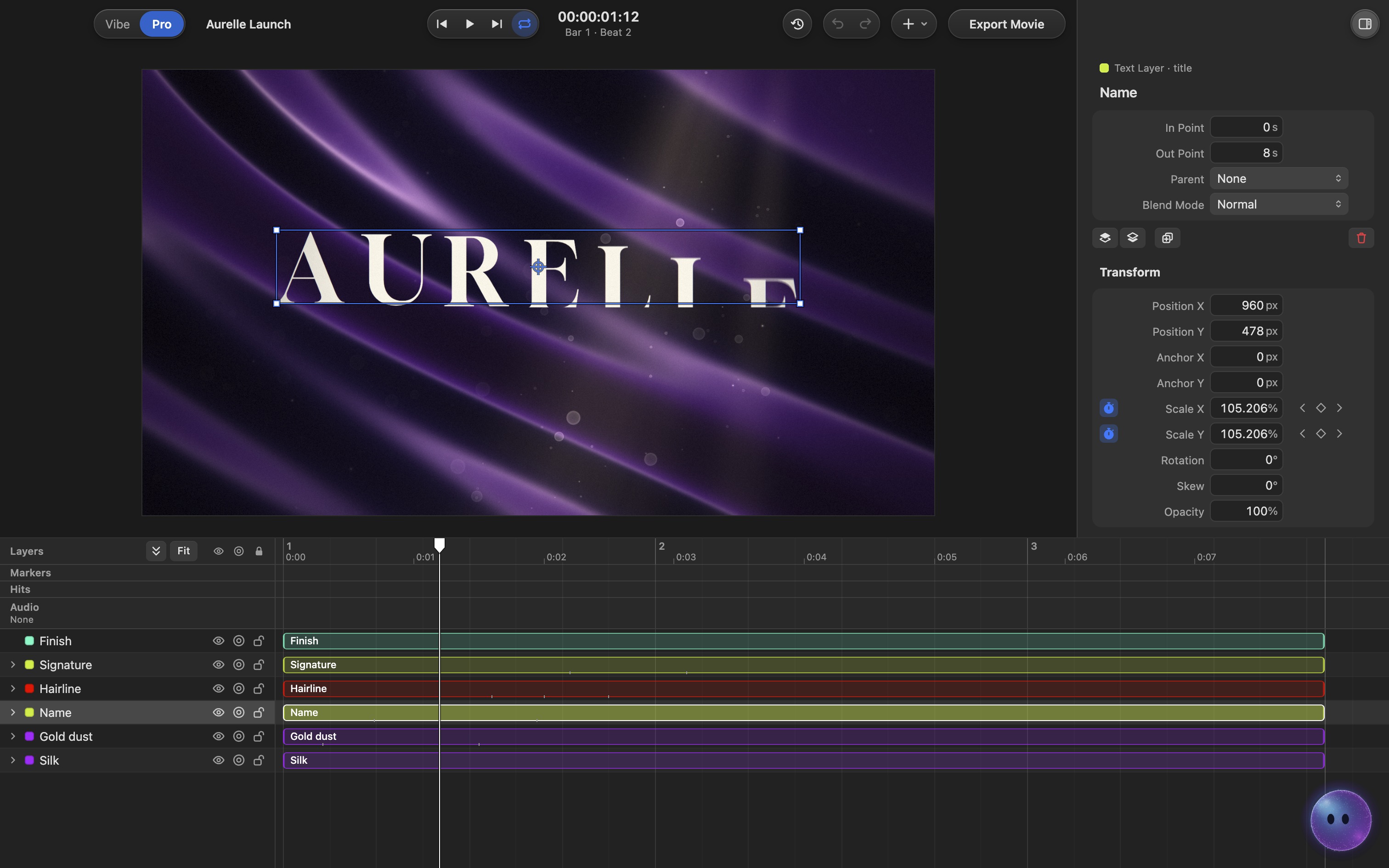 Pro mode: the same film with the title selected, its layers and keyframes on a timeline and an inspector of its properties.