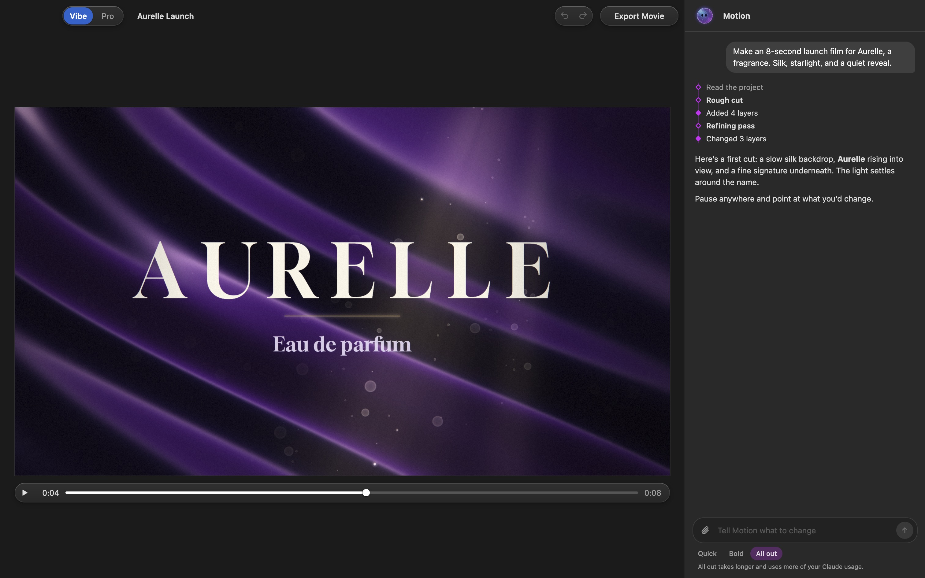 WeMotion in Vibe mode: the Aurelle fragrance launch film playing on the left, and Motion’s conversation on the right, with its first cut described.