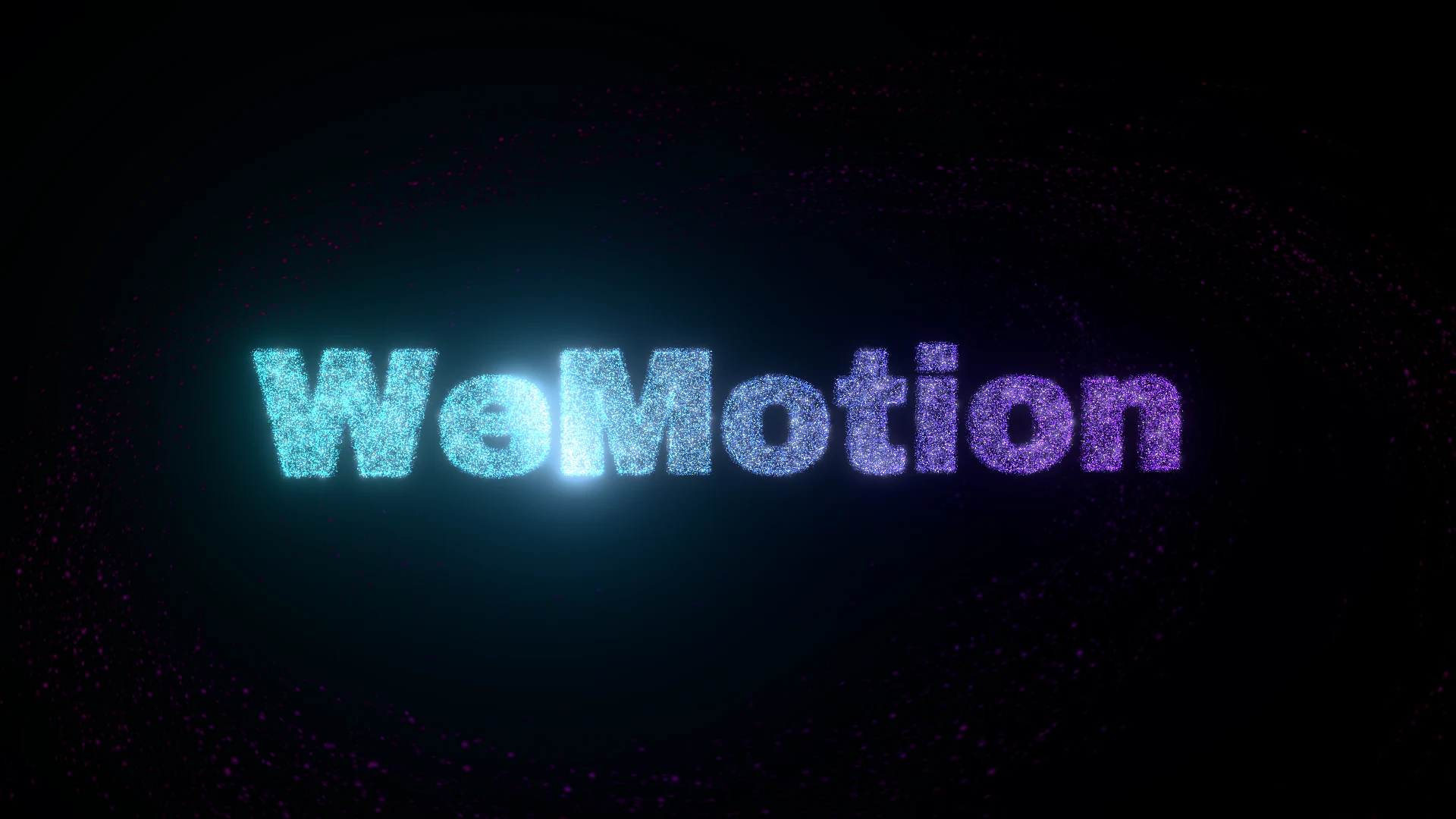 The name “WeMotion” made of glowing particles in cyan, violet and pink.